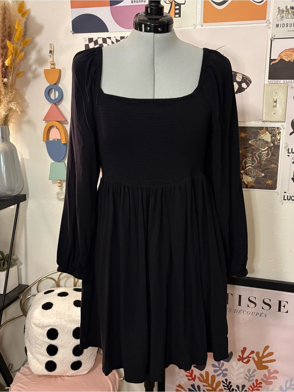 Old Navy Black Square-Neck Smocked Bodice Long-Sleeve Dress